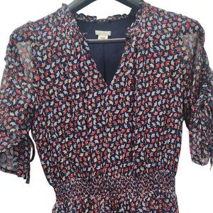 Shoshanna Navy Smocked Mid Sleeve Mini Floral Dress - Size 8
